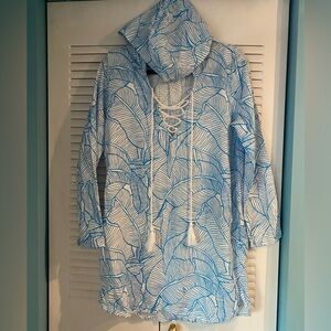 Charlie Holiday Blue and White Hooded Cover-Up